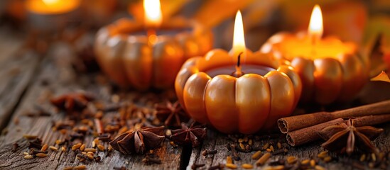 Wall Mural - Pumpkin-shaped candles and aromatic coffee surrounded by star anise and cinnamon on a wooden surface. Warm and inviting home decorations with a festive theme.