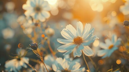 Wall Mural - blooming white cosmos flowers in a garden