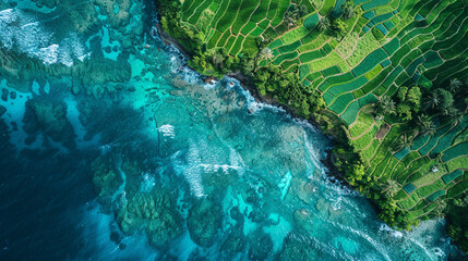 Wall Mural - Aerial shot of the intricate seaweed farms off the coast of Nusa Lembongan, with patches of green contrasting against the blue ocean.