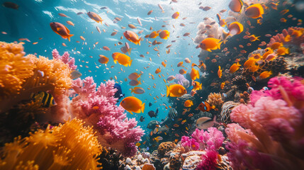 Wall Mural - A vibrant scene of the colorful coral and diverse marine life at Toyapakeh Wall, a popular dive site in Nusa Penida.