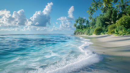 Wall Mural - Serene morning at Dream Beach, with the gentle waves lapping against the soft, white sand and the lush surroundings.