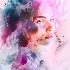 Wall Mural - Dreamy Watercolor Portrait, with soft watercolor effects and dreamlike aesthetics, hyperrealistic 4K photo. 4K Video