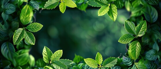 Wall Mural - Green leaves and square frame of spring backdrop background