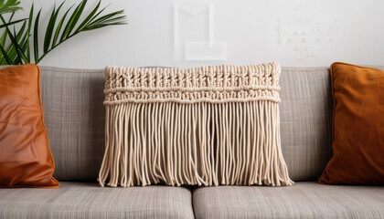 A couch with a brown pillow and a white pillow with a fringe