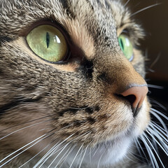 Close-up portrait of green eye cat. Close-up of cat's face with big, green eyes and white whiskers. 