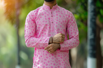 Canvas Print - man wearing pink printed cotton summer long kurta with jeans, standing pose