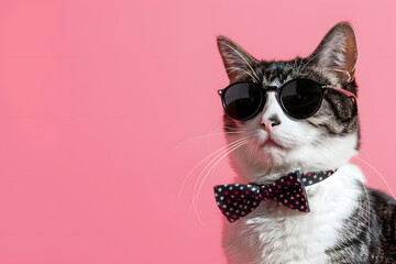 Sticker - A cat is wearing sunglasses and suit on Pink Background.