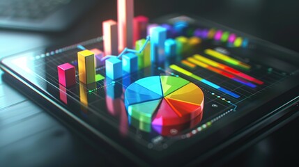 Colorful charts and graphs on a tablet display representing data and analysis.