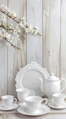 Close-up of two white teacups and teapot on a white wooden table. Textured design. Coffee beans scattered around them