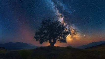 Wall Mural - the picture depicts an old tree on the ground with the milky way forming behind it.