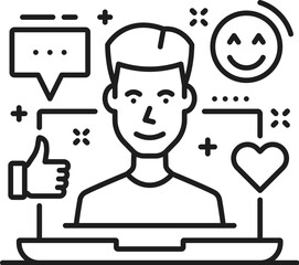 Leinwandbilder - Blogging line icon, social media and multimedia content creation. Isolated vector linear monochrome sign, featuring influencer person on laptop screen with internet web icons like, smile and feedback