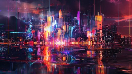 Canvas Print - A digital artwork showcasing a city skyline at night, adorned with vibrant neon lights and abstract shapes, capturing the essence of a futuristic urban landscape