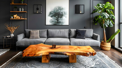 Wall Mural - Rustic sofa near grey wall with two frames against big window. Scandinavian, rustic home interior design of modern living room.