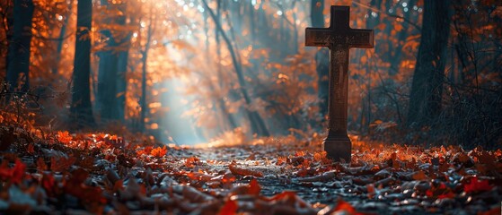 Christian cross in the autumn forest