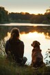 © Creative_Bringer - Woman and dog by a tranquil lake, evening light, serene moment