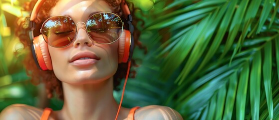 Woman relaxing with headphones and sunglasses, tropical setting, green leaves