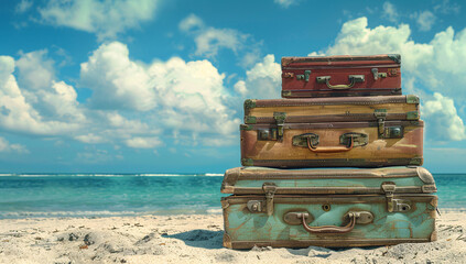 Vintage suitcases stacked on beach with ocean and sky