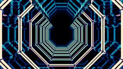 Wall Mural - ice color background with flying inside neon blue tunnel. design. corridor of hexagon silhouettes.