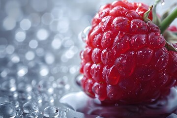 Wall Mural - Close-Up of Fresh Raspberry with Water Droplets on Silver Surface - Perfect for Food Photography, Prints, and Design Projects