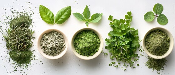 Assortment of fresh herbs and vibrant green herbal powder displayed on a clean white surface
