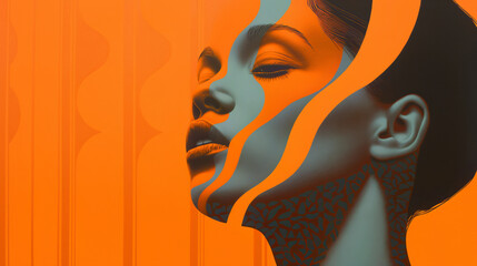 Wall Mural - Abstract depiction of a woman's face with vibrant orange and blue hues blending seamlessly together to create a visually striking and modern art piece.