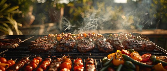 Wall Mural - A sizzling summer barbecue scene featuring juicy meats and fresh vegetables being grilled to perfection on a smoky outdoor grill