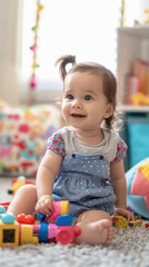 Poster - Cute little baby girl sitting in toy room