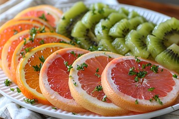 Wall Mural - Freshly Sliced Grapefruit, Orange, and Kiwi Fruit with Parsley Garnish for a Vibrant, Healthy Snack