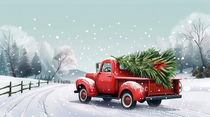 festive red truck carrying freshcut christmas tree on snowy road holiday season transportation concept illustration