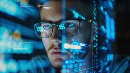 focused male programmer debugging complex code futuristic technology concept