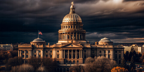 Capitol building under dramatic stormy sky