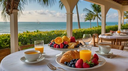 A breakfast table by the sea, the table is beautifully arranged with various breakfast items including croissants, fresh fruit and glasses of orange juice.