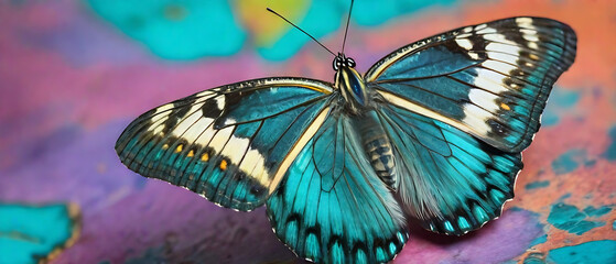 Wall Mural - Butterfly on turquoise background wearing colourful