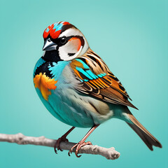 Wall Mural - Sparrow on turquoise background wearing colourful