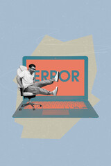 Sticker - Vertical collage poster young crazy man laptop programmer software error mistake remote job app web digital device drawing background