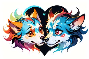 Illustration of two colorful wolf characters with a heart between them, featuring vibrant hues and detailed artwork, set against a dark background. Perfect for romantic-themed designs, fantasy art, 