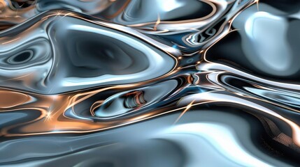 Wall Mural - holographic chrome waves on abstract liquid surface with reflections 3d render
