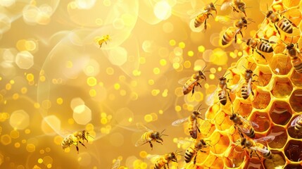 Poster - honeybee hive closeup of busy bees working on golden honeycomb empty space for text concept illustration