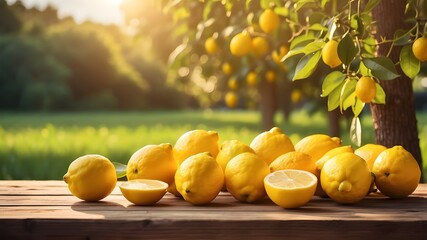 Lemon citrus fruits in their golden hour on a wooden table surrounded by trees in a field in the early sunshine with a copyspace area