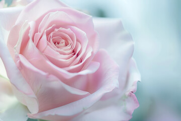 Wall Mural - Delicate Pink Rose Flower Close Up Against Soft Blue Background for Nature and Floral