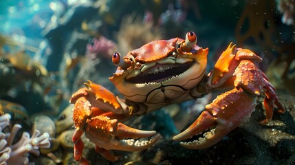 Wall Mural - Crab character smiling with big claws on a white. 