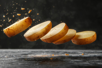 Wall Mural - Dynamic Floating Potato Slices Against Dark Background in Mid Air