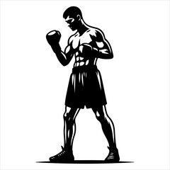 Boxer Silhouette. Strong fighter. Direct kick. Sportsman on training. Sparing. A boxer stands with pose vector silhouette. Martial skills demonstration.