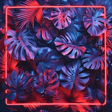 Vibrant neon tropical leaves in a geometric frame. Aesthetic nature background with bright pink and blue hues. Modern and futuristic style.