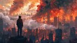 © TGIF - Futuristic man watching city destruction from above in digital art style