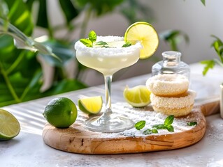 Sticker - Refreshing Margarita with Unique Rice Cake Garnish on Wooden Board