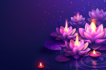 loy krathong pink lotus flower, candles and incense sticks, colorful night light bulb, poster flyer design on night river background,