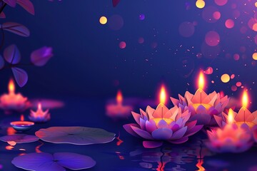 loy krathong pink lotus flower, candles and incense sticks, colorful night light bulb, poster flyer design on night river background,