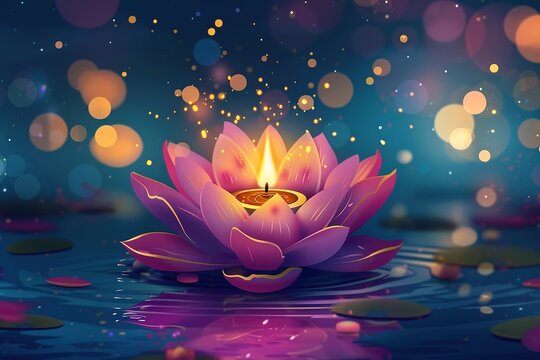 loy krathong pink lotus flower, candles and incense sticks, colorful night light bulb, poster flyer design on night river background,