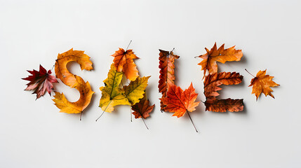 Autumn sale background banner with autumn fall maple leaves, letters made out of autumn leaves against the white background, minimalist photography.